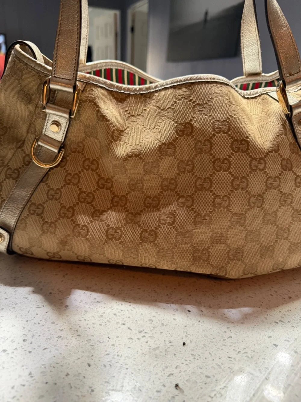 Gucci GG Canvas Shoulder Bag Gold Leather Straps Beige Monogram Web Stripe Authe